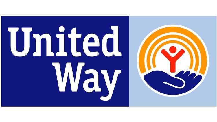 United Way's rectangular nonprofit logo draws attention to its name and has a graphic with a large hand holding a person.